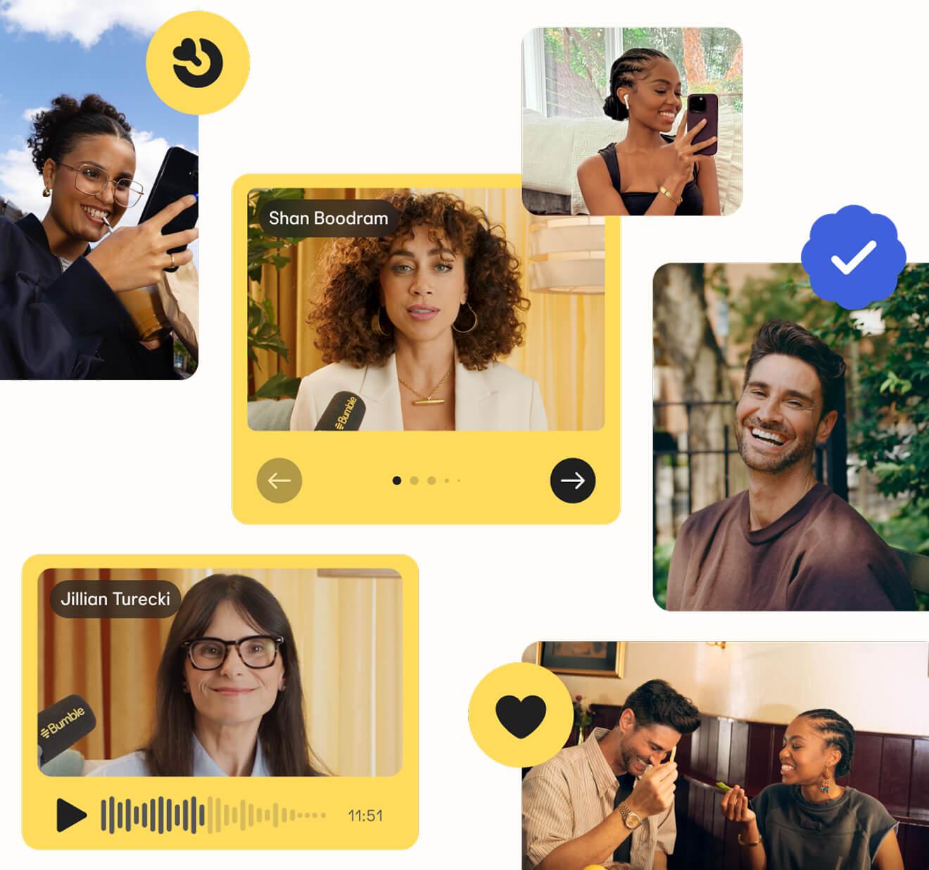 People enjoying connections on Bumble through photos, video chats, and expert advice.